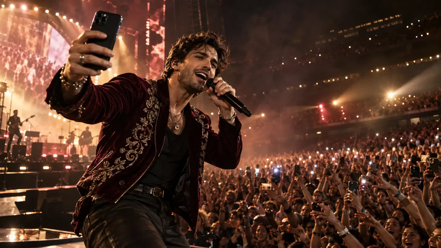 Un artiste sur scène se filme avec son téléphone devant la foule