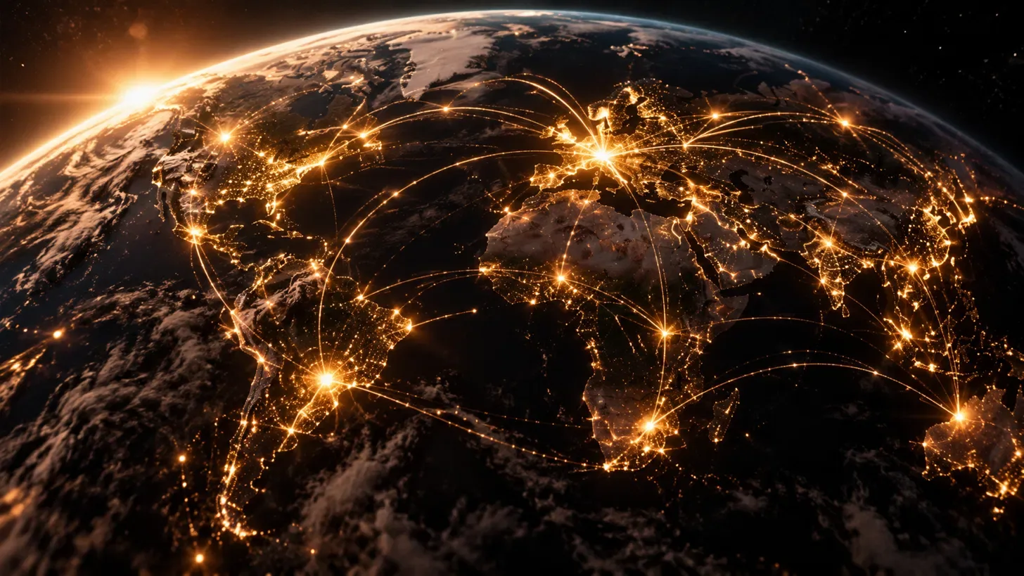 La Terre vue de nuit, reliée par des arcs de lumière dorée