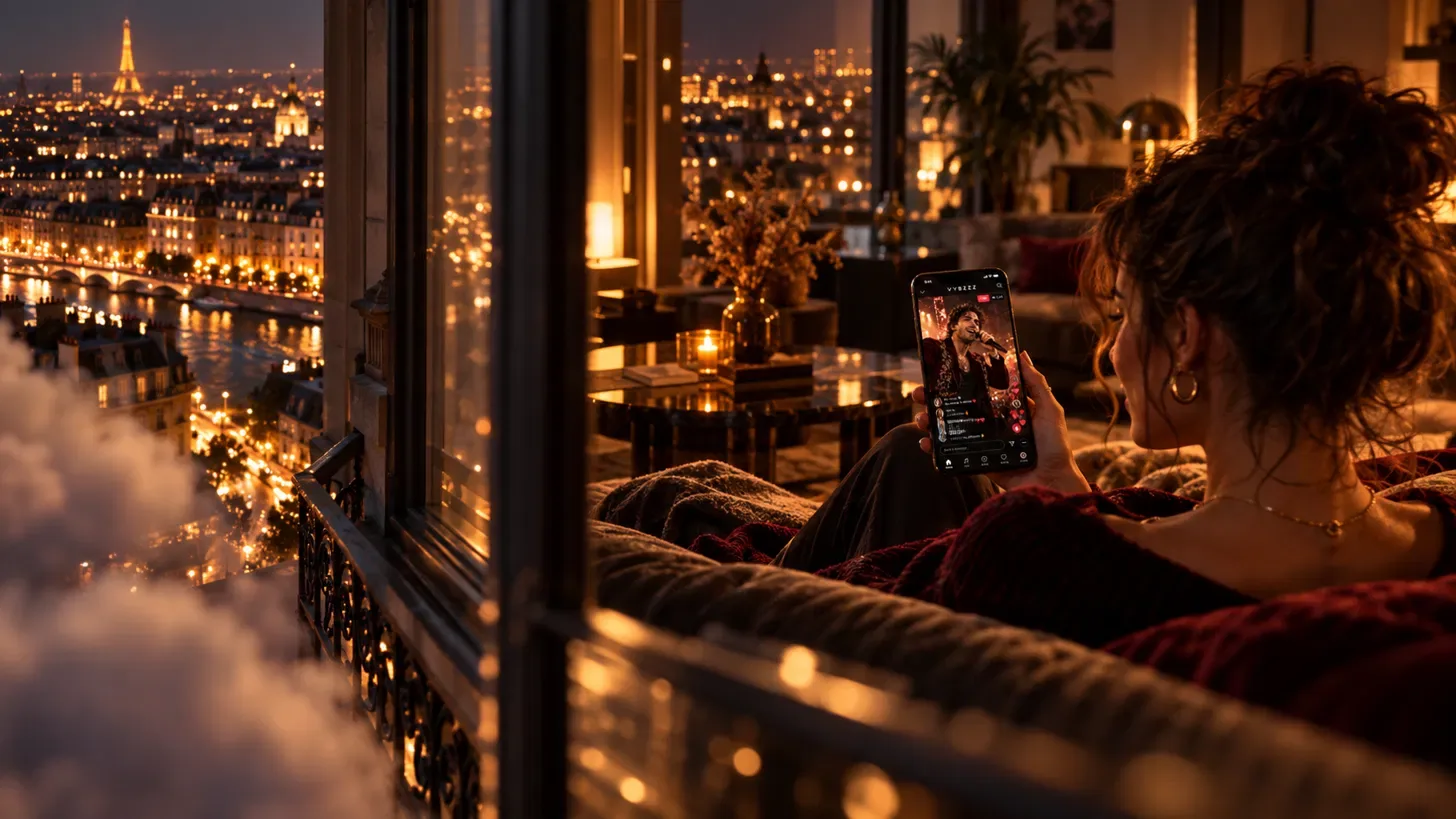 Une spectatrice regarde le live sur son téléphone depuis un appartement parisien